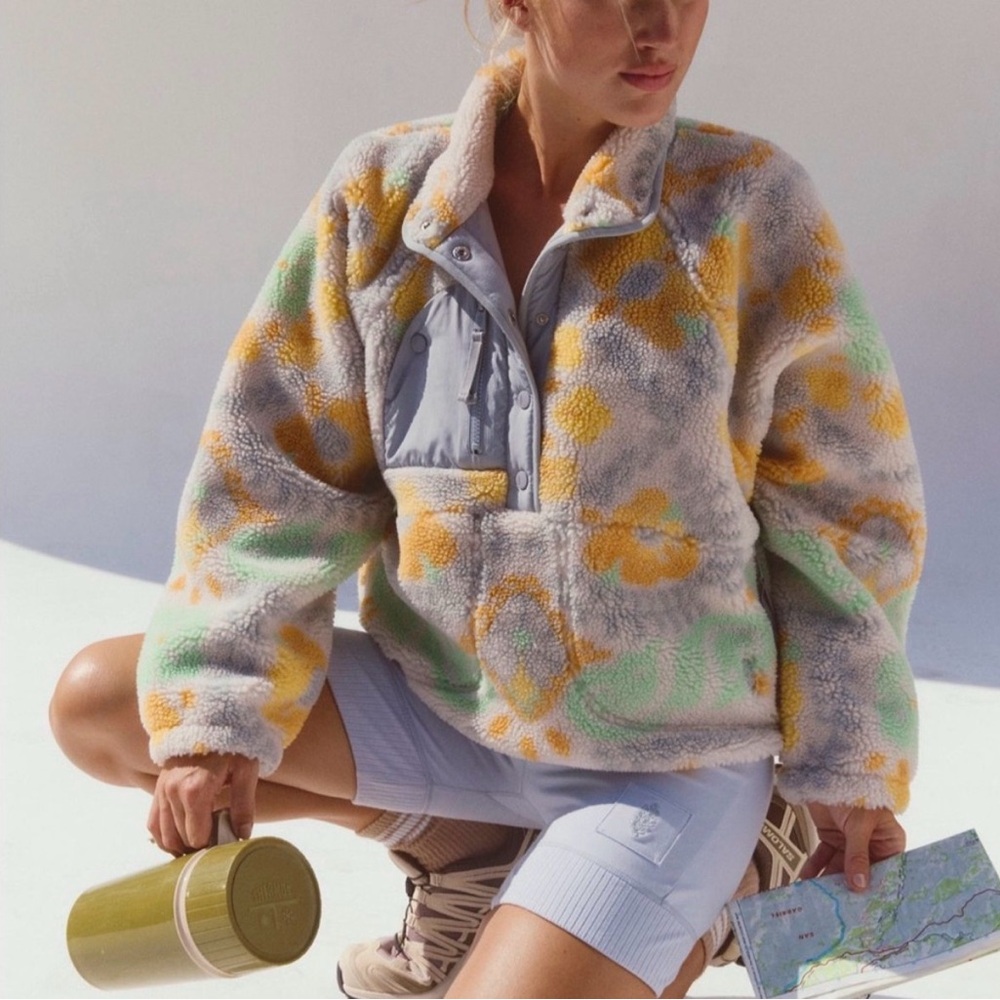 Free People Hit the Slopes Printed Fleece Pullover - L, NWT lillypad combo